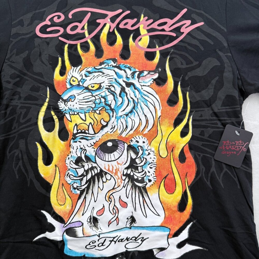 Ed Hardy T Shirt Mens M Black Flame Tiger Eye Ball Tattoo Y2K - Picture 2 of 6